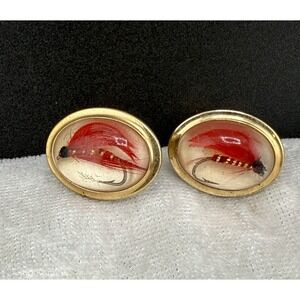 Vintage Fly‎ Fishing Cufflinks Gold Tone Red Fly Signed Anson